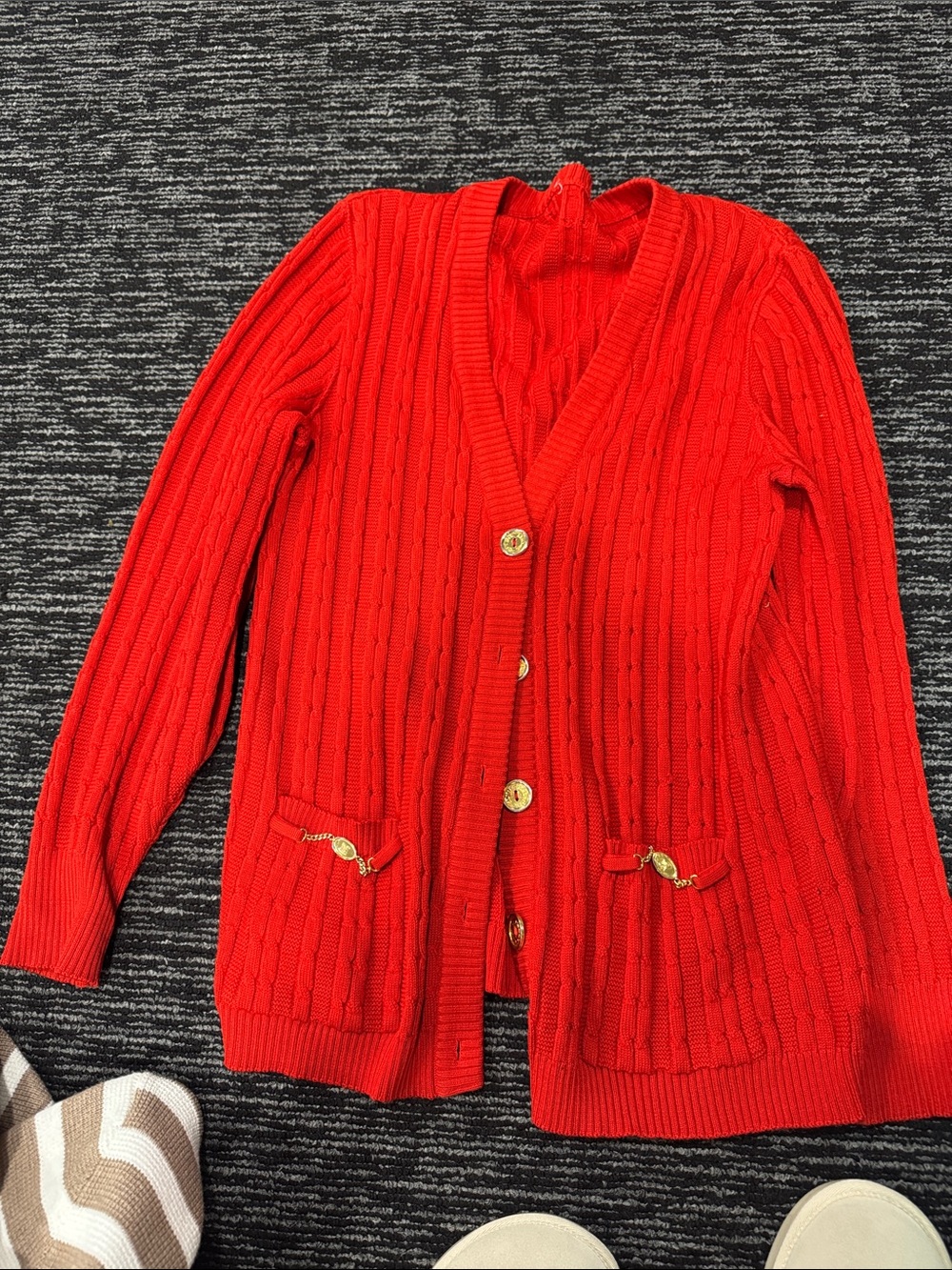 Celine Red Cable-Knit Cardigan with Gold Buttons